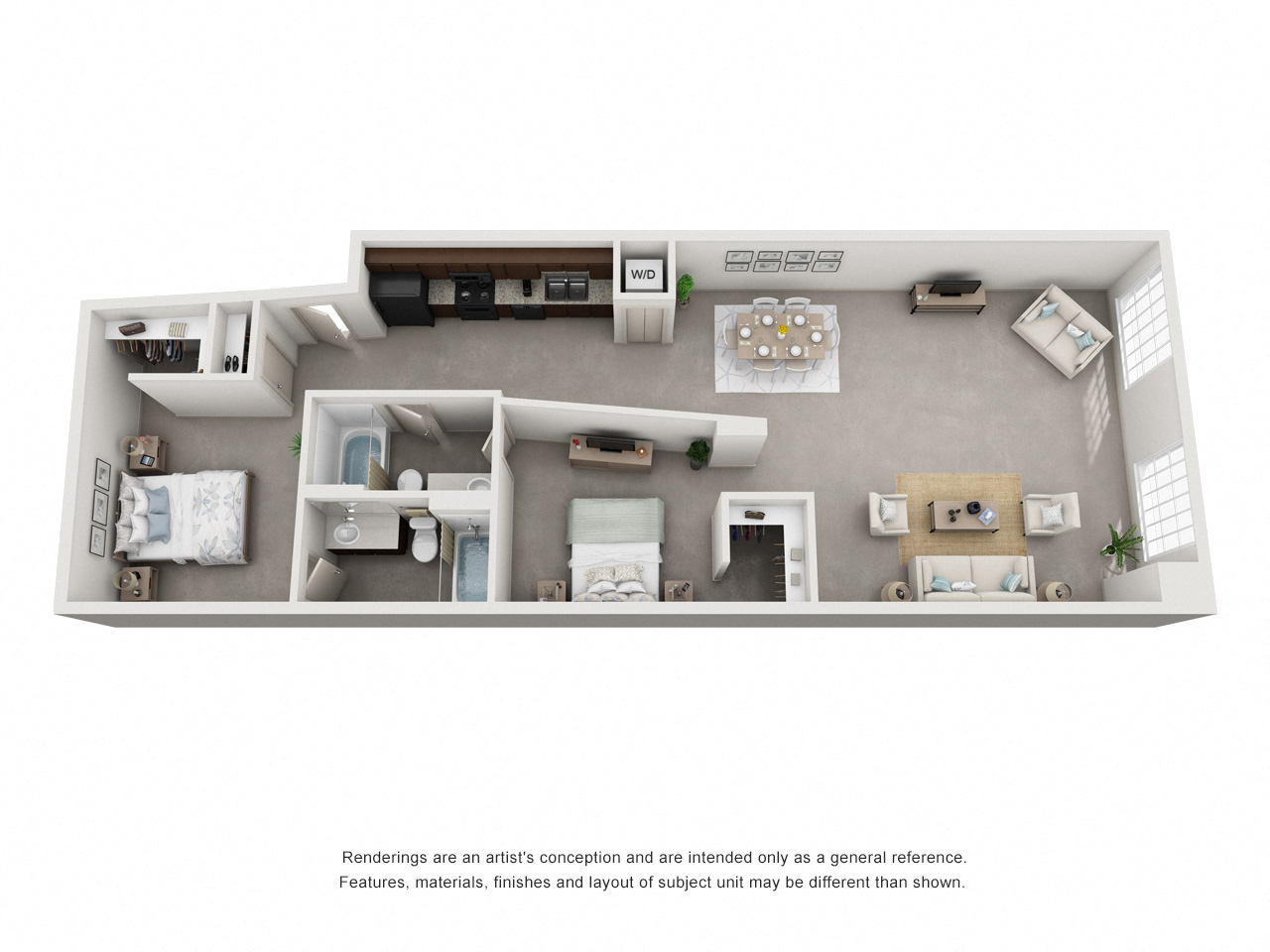 Floor plan for 2 beds, 2 baths, 1293 sqft
